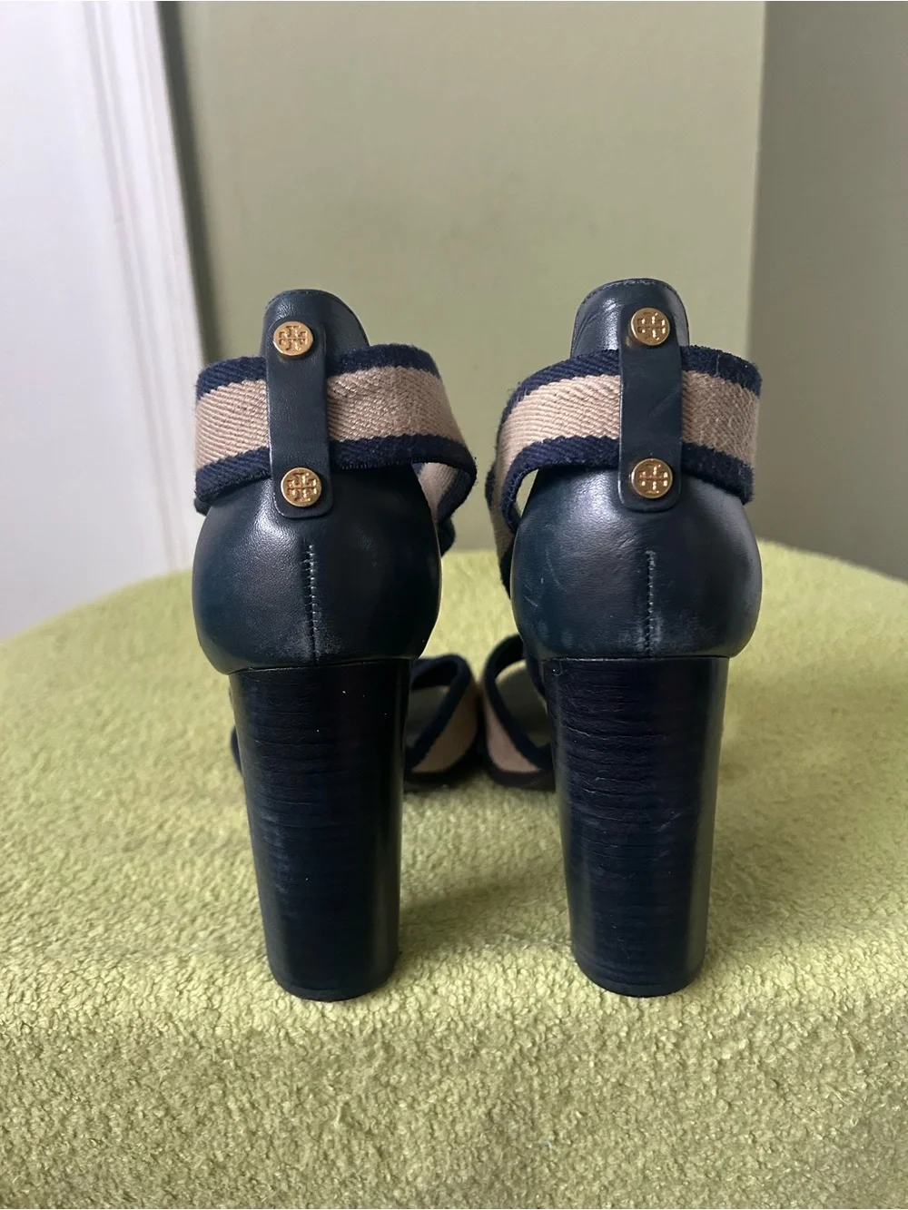 Tory Burch Navy and Beige Striped Block Heel Sandal
